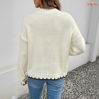 Striped Contrast Sweater featuring a round neck, loose fit, extra-heavy polyester knit, and striped contrast design ideal for cozy autumn and winter wear.