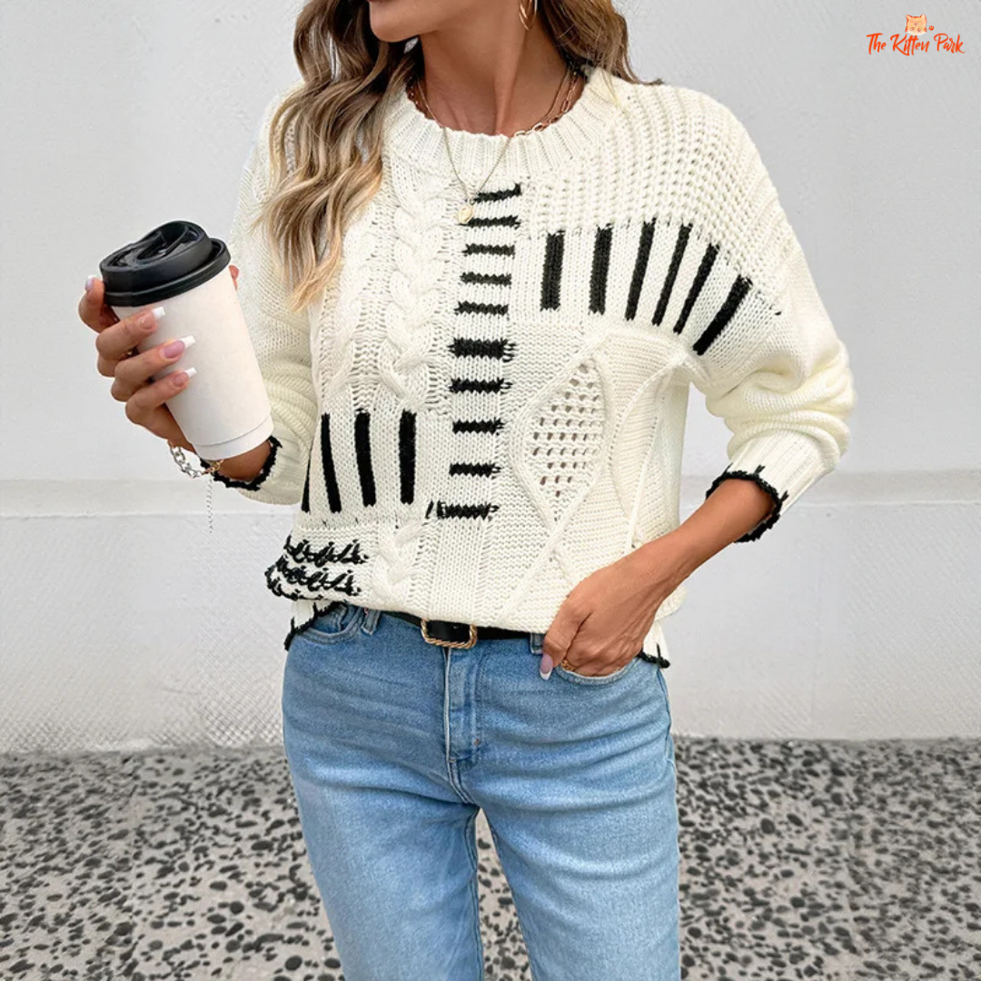 Striped Contrast Sweater featuring a round neck, loose fit, extra-heavy polyester knit, and striped contrast design ideal for cozy autumn and winter wear.