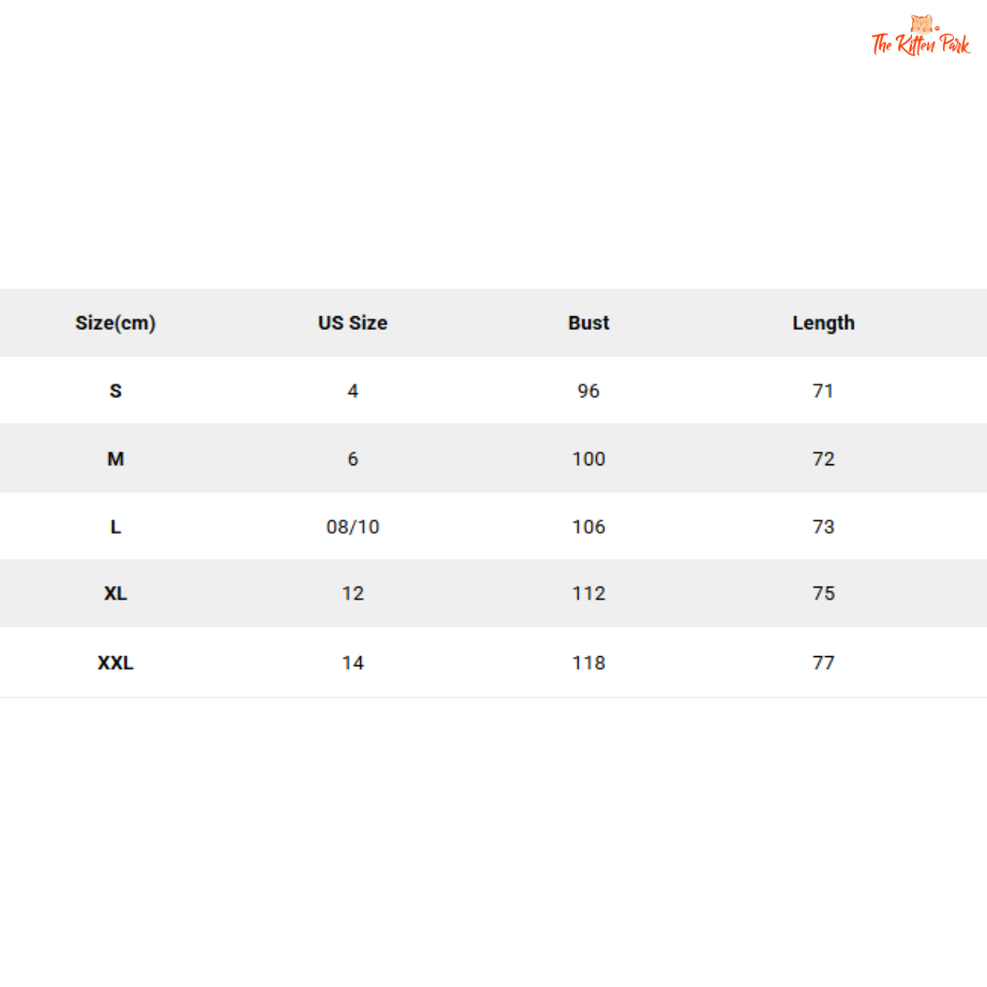 Size chart for clothing with US size, bust, and length measurements.