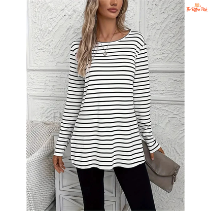 Striped Crew Neck T-Shirt – Casual Long Sleeve Women’s Top with lightweight knit fabric, striped design, long fit, ideal for spring and summer casual wear.