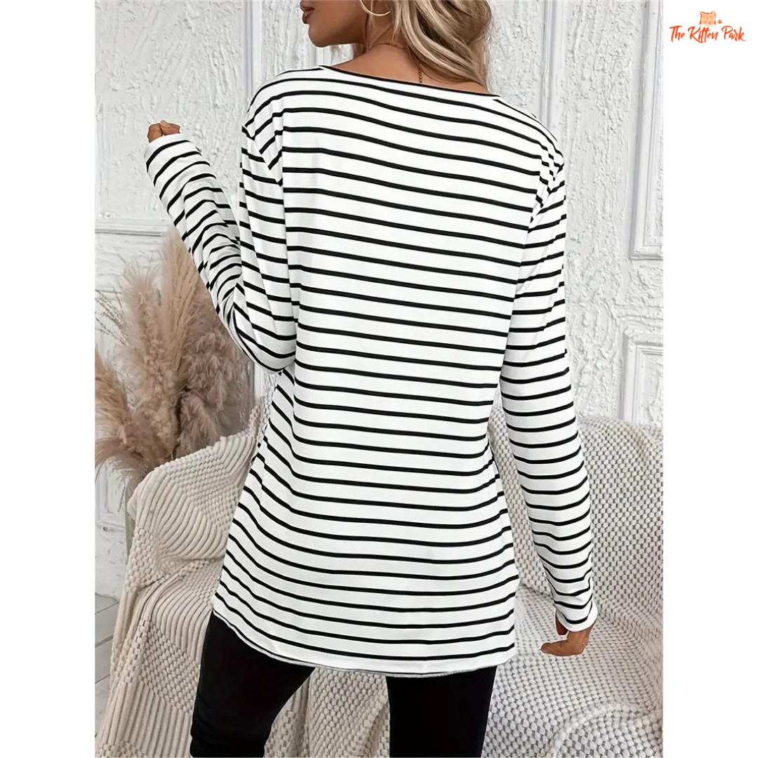 Striped Crew Neck T-Shirt – Casual Long Sleeve Women’s Top with lightweight knit fabric, striped design, long fit, ideal for spring and summer casual wear.