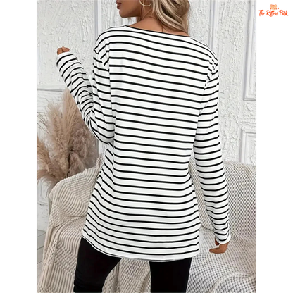 Striped Crew Neck T-Shirt – Casual Long Sleeve Women’s Top with lightweight knit fabric, striped design, long fit, ideal for spring and summer casual wear.