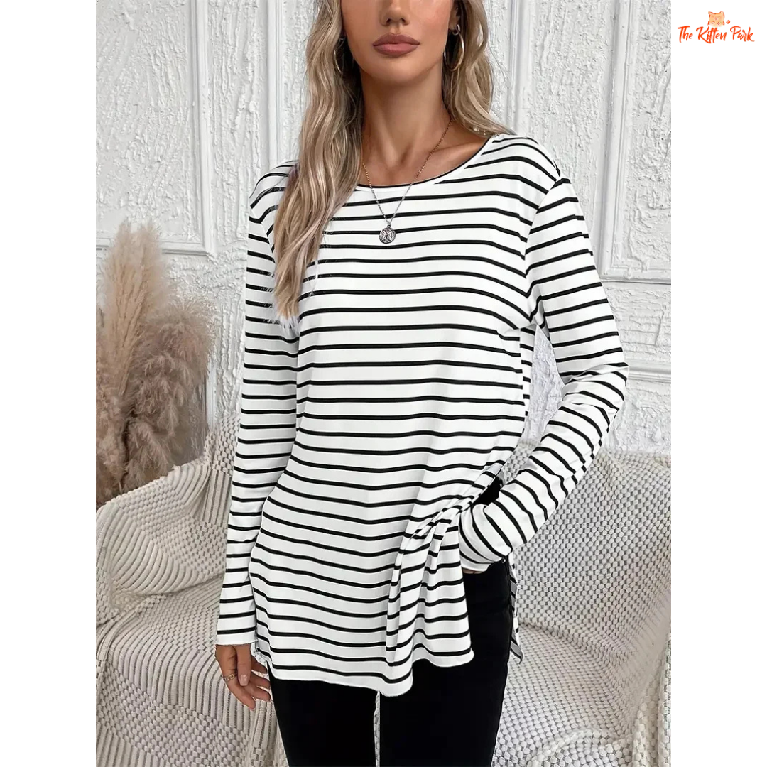 Striped Crew Neck T-Shirt – Casual Long Sleeve Women’s Top with lightweight knit fabric, striped design, long fit, ideal for spring and summer casual wear.