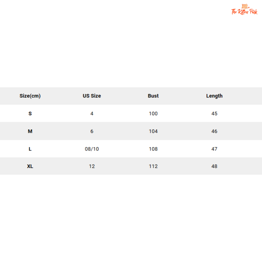 Size chart for clothing with measurements in centimeters and US sizes.
