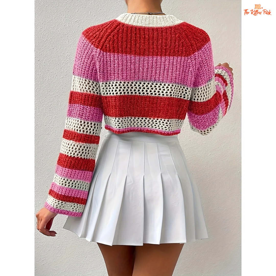 A women’s striped crop knit sweater with O-neck, long sleeves, slim fit, single-breasted closure, designed for Y2K-inspired autumn and winter night-out looks.