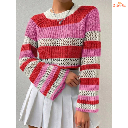 A women’s striped crop knit sweater with O-neck, long sleeves, slim fit, single-breasted closure, designed for Y2K-inspired autumn and winter night-out looks.