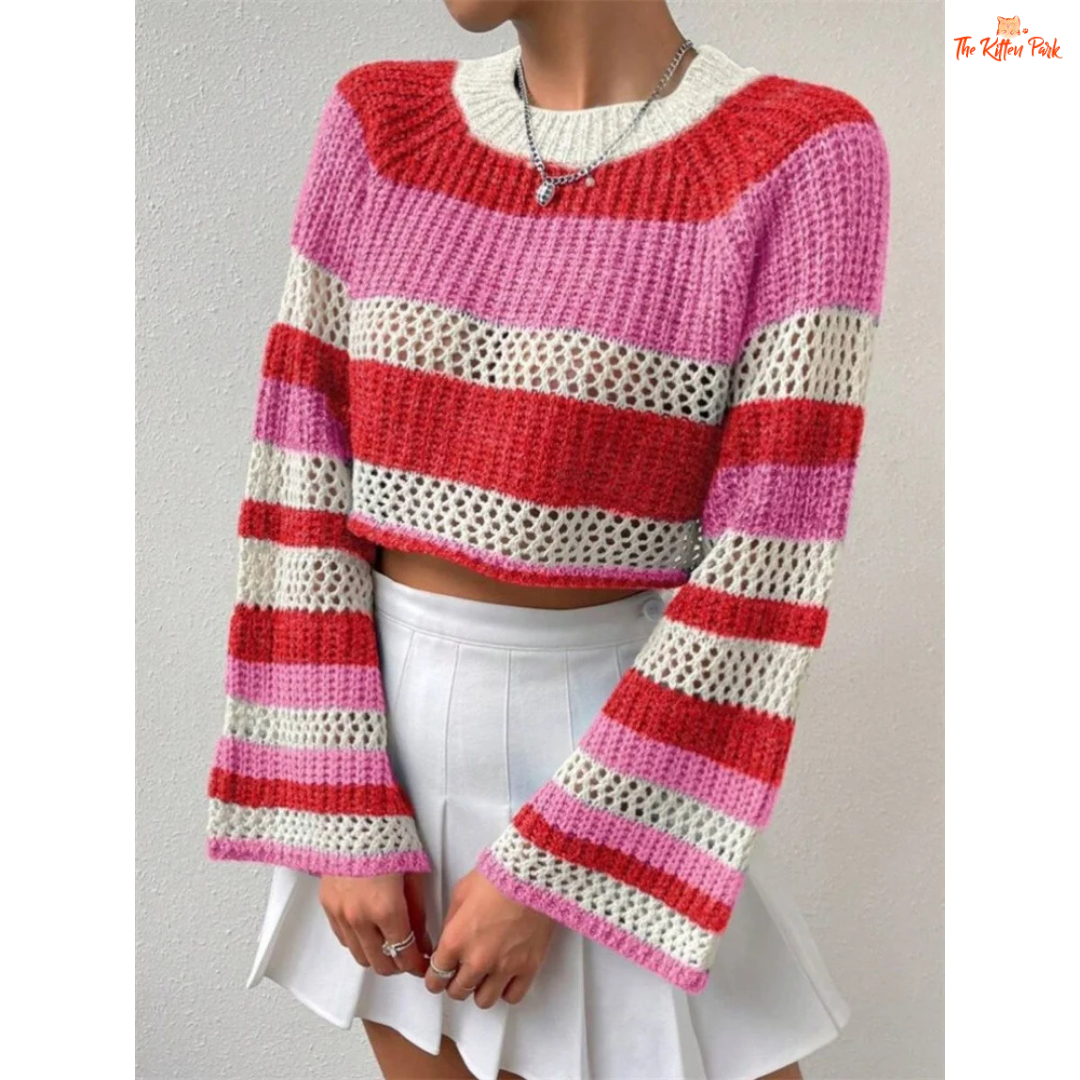 A women’s striped crop knit sweater with O-neck, long sleeves, slim fit, single-breasted closure, designed for Y2K-inspired autumn and winter night-out looks.
