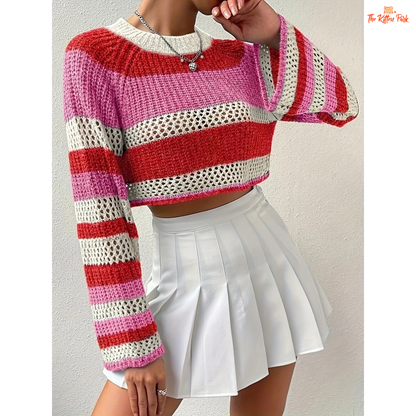 A women’s striped crop knit sweater with O-neck, long sleeves, slim fit, single-breasted closure, designed for Y2K-inspired autumn and winter night-out looks.
