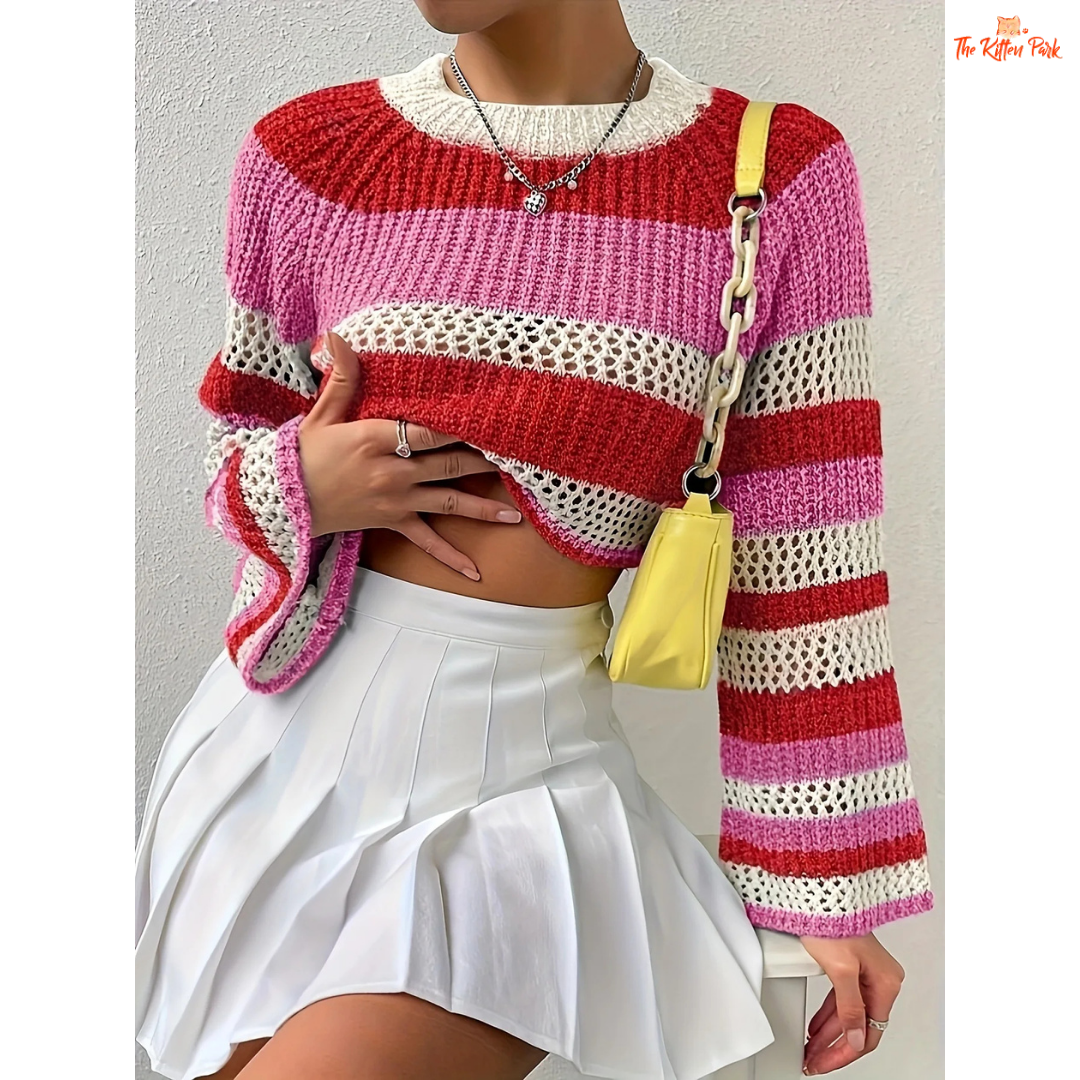 A women’s striped crop knit sweater with O-neck, long sleeves, slim fit, single-breasted closure, designed for Y2K-inspired autumn and winter night-out looks.