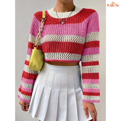 A women’s striped crop knit sweater with O-neck, long sleeves, slim fit, single-breasted closure, designed for Y2K-inspired autumn and winter night-out looks.