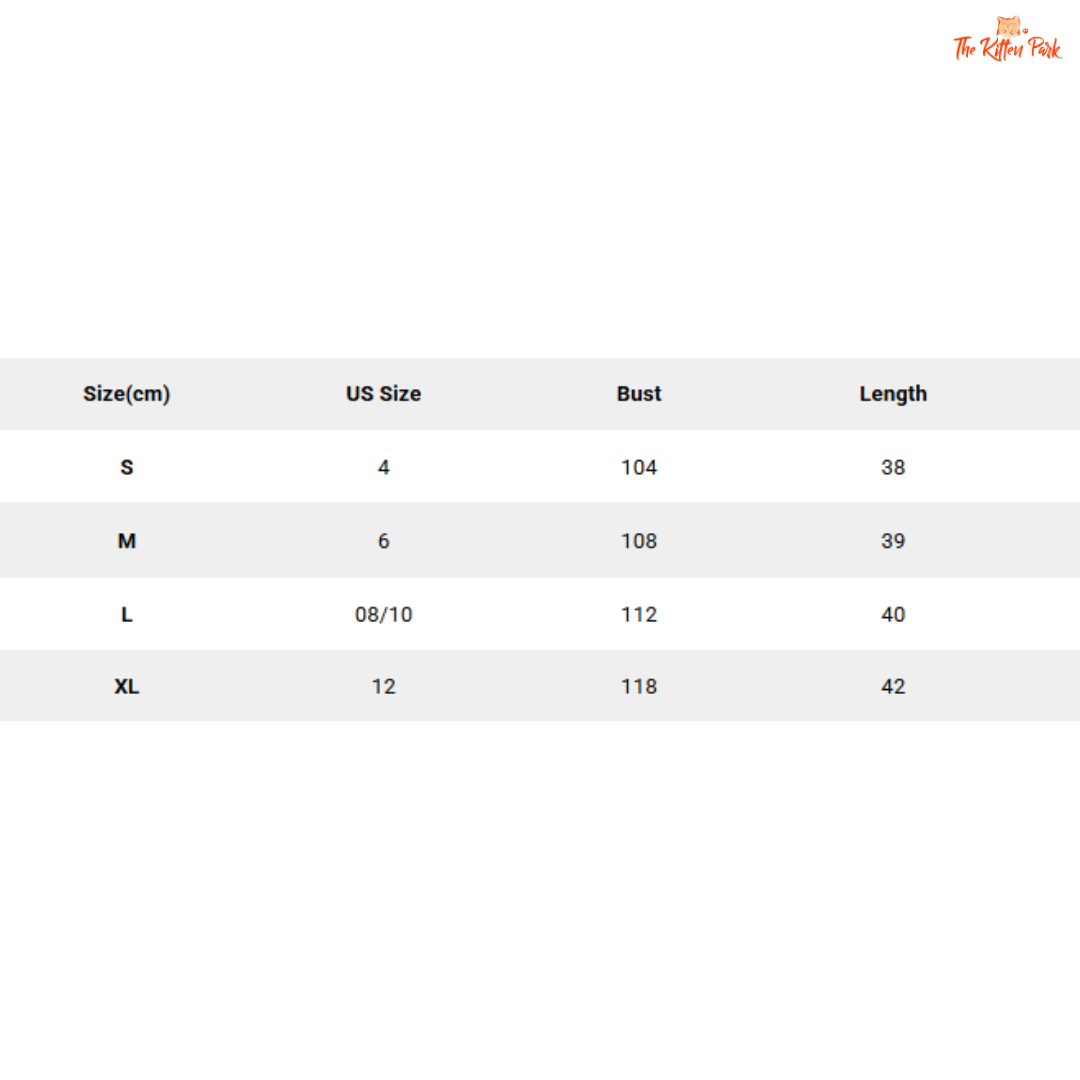 Size chart for clothing with US size, bust, and length measurements on a white background.