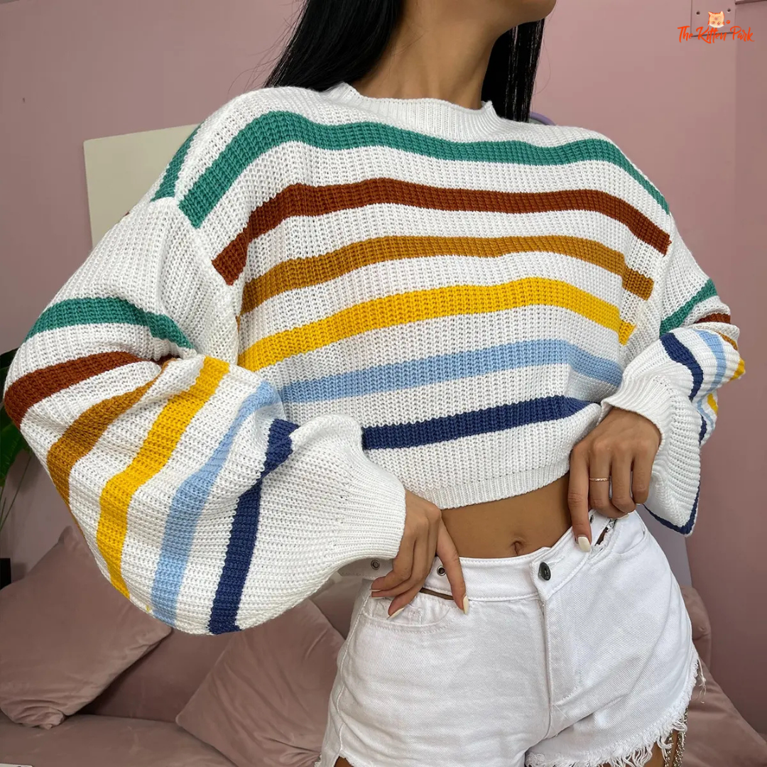 A striped hollow out knit sweater with slim fit Korean design, long sleeves, and casual style, perfect for autumn and winter outfits.