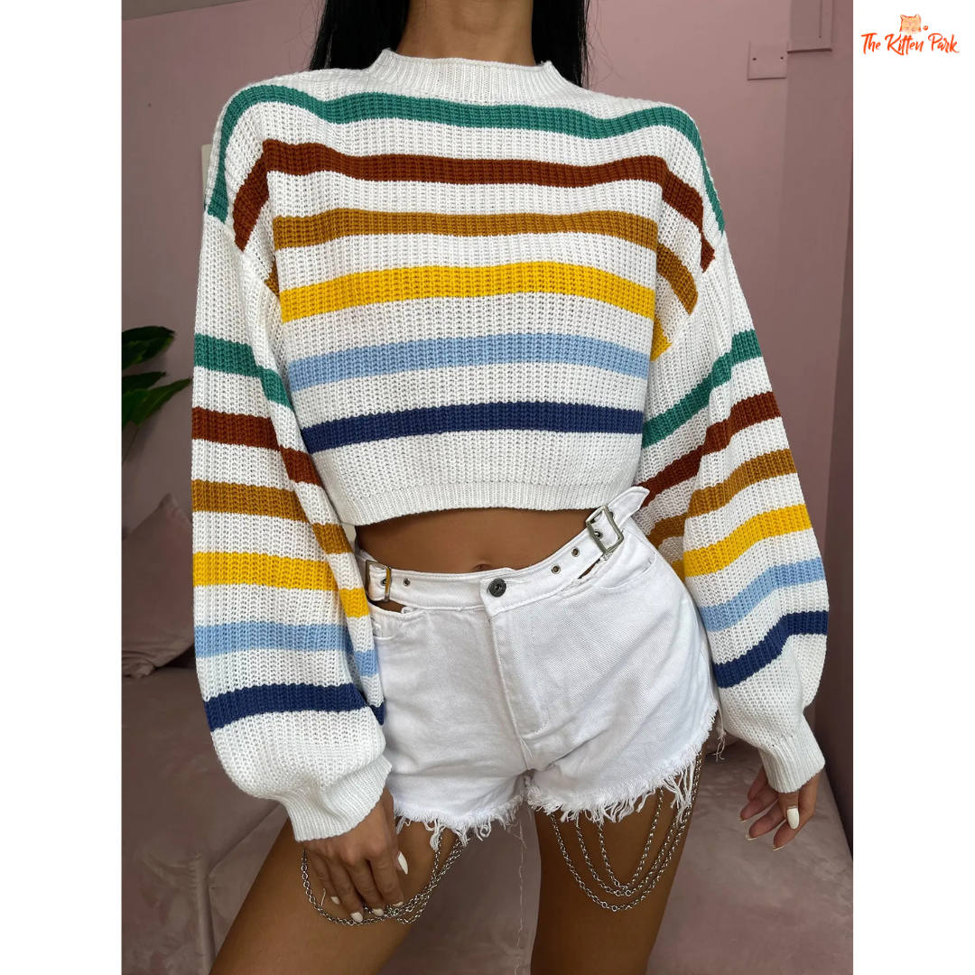 A striped hollow out knit sweater with slim fit Korean design, long sleeves, and casual style, perfect for autumn and winter outfits.