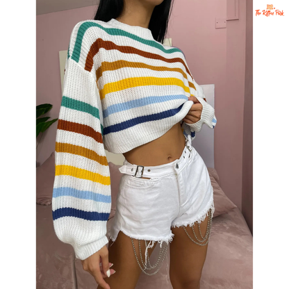 A striped hollow out knit sweater with slim fit Korean design, long sleeves, and casual style, perfect for autumn and winter outfits.