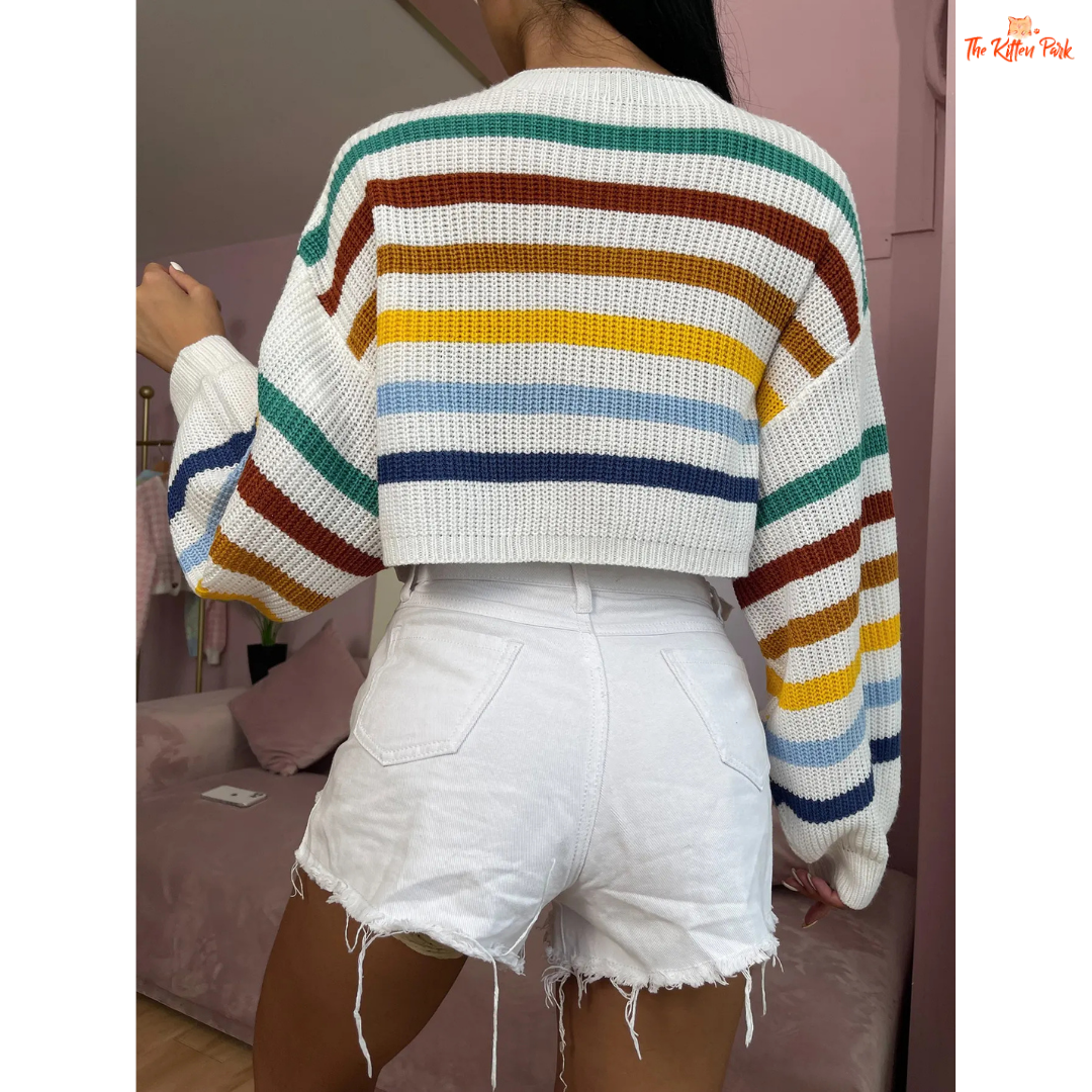 A striped hollow out knit sweater with slim fit Korean design, long sleeves, and casual style, perfect for autumn and winter outfits.
