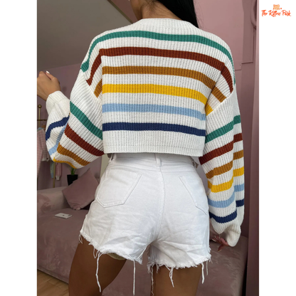 A striped hollow out knit sweater with slim fit Korean design, long sleeves, and casual style, perfect for autumn and winter outfits.