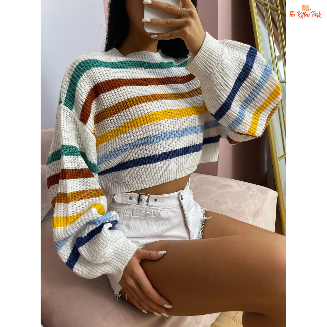 A striped hollow out knit sweater with slim fit Korean design, long sleeves, and casual style, perfect for autumn and winter outfits.