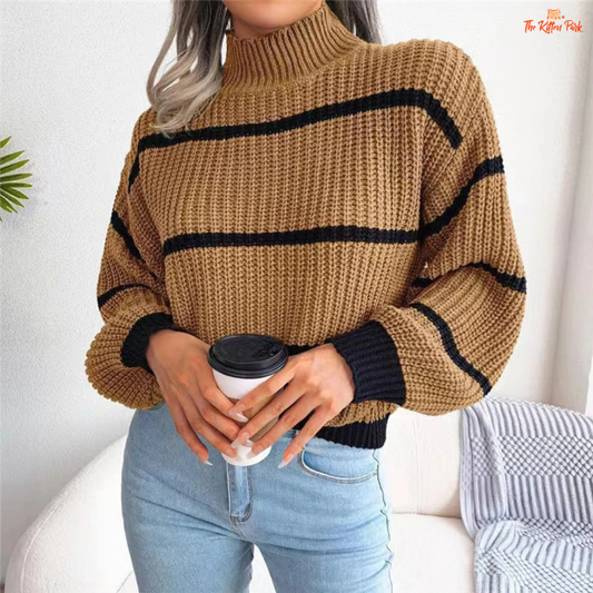 Striped lantern sleeve knit sweater with mock neck and relaxed fit, designed for autumn and winter streetwear style in off-white background.