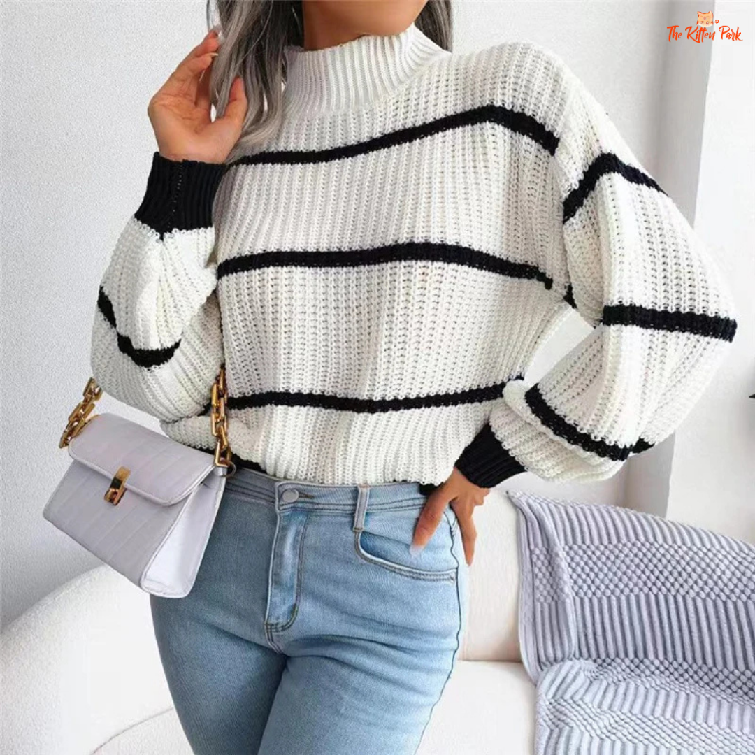 Striped lantern sleeve knit sweater with mock neck and relaxed fit, designed for autumn and winter streetwear style in off-white background.