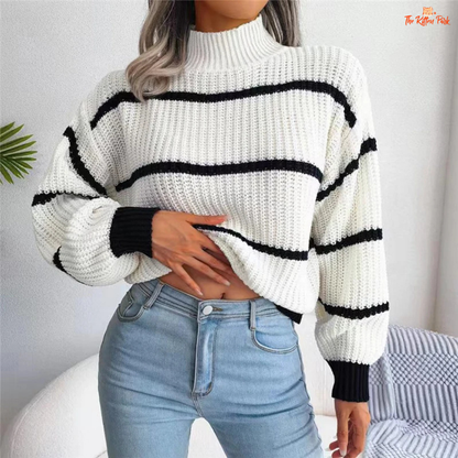 Striped lantern sleeve knit sweater with mock neck and relaxed fit, designed for autumn and winter streetwear style in off-white background.