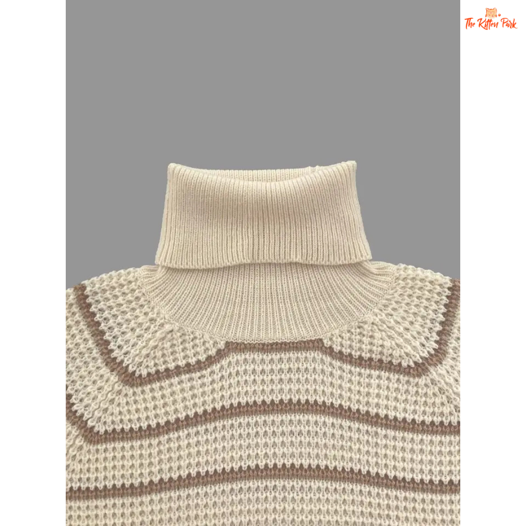 Striped Lapel Woolen Pullover – Casual Autumn Winter Top with striped acrylic fabric, extra-heavyweight knit, turn-down collar, and loose fit for autumn/winter style.
