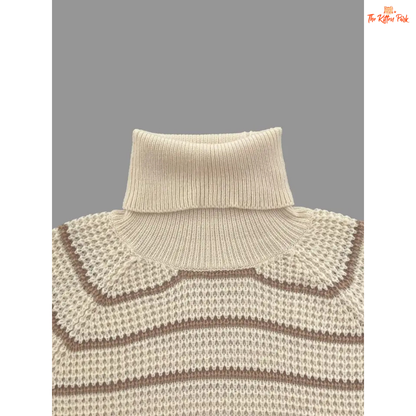 Striped Lapel Woolen Pullover – Casual Autumn Winter Top with striped acrylic fabric, extra-heavyweight knit, turn-down collar, and loose fit for autumn/winter style.