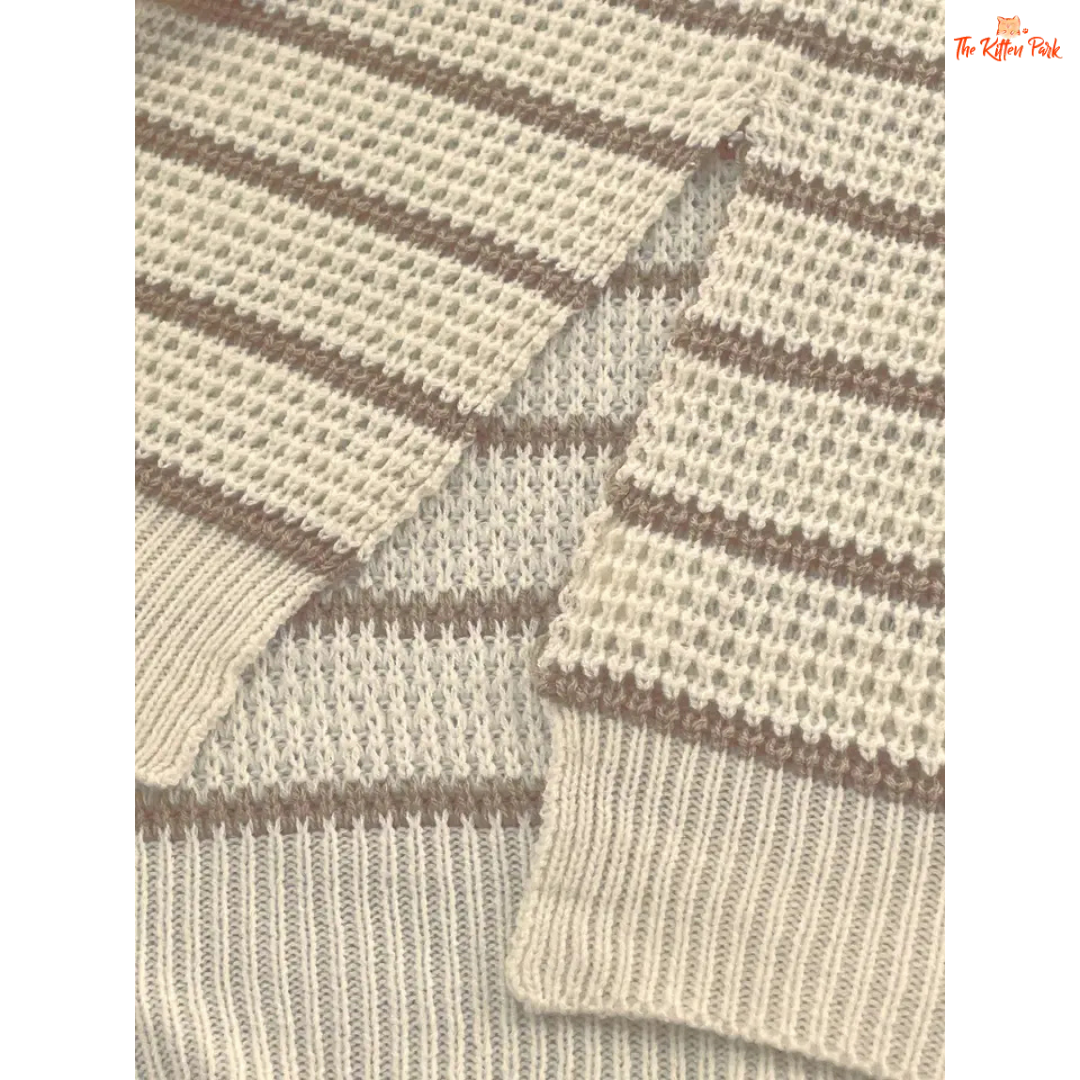 Striped Lapel Woolen Pullover – Casual Autumn Winter Top with striped acrylic fabric, extra-heavyweight knit, turn-down collar, and loose fit for autumn/winter style.