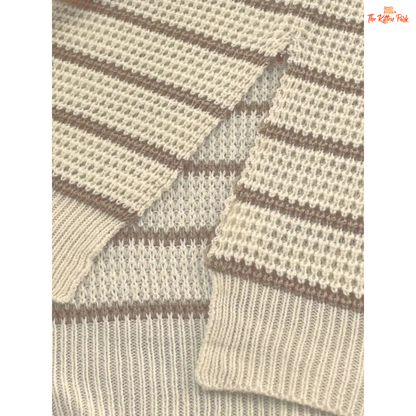 Striped Lapel Woolen Pullover – Casual Autumn Winter Top with striped acrylic fabric, extra-heavyweight knit, turn-down collar, and loose fit for autumn/winter style.