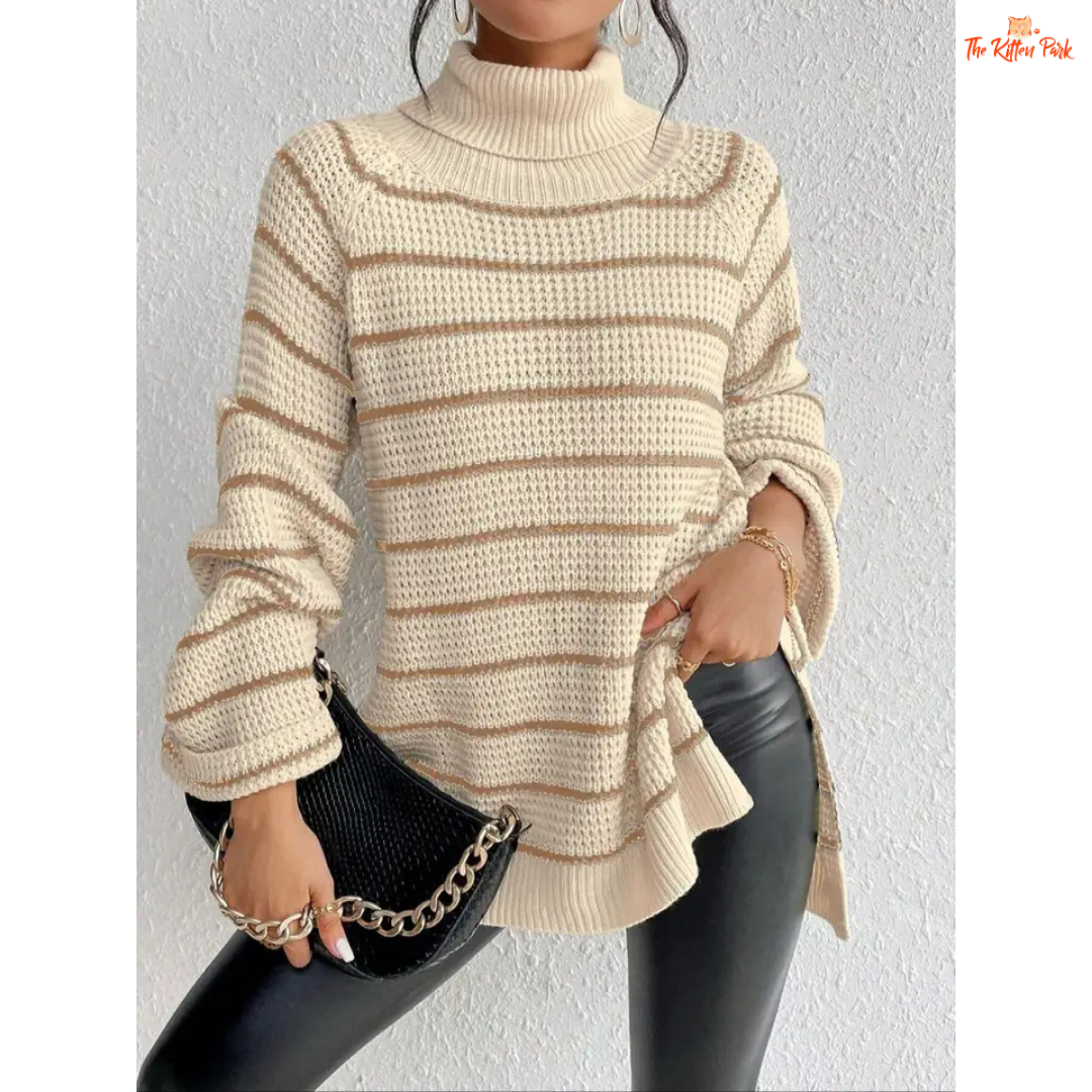 Striped Lapel Woolen Pullover – Casual Autumn Winter Top with striped acrylic fabric, extra-heavyweight knit, turn-down collar, and loose fit for autumn/winter style.