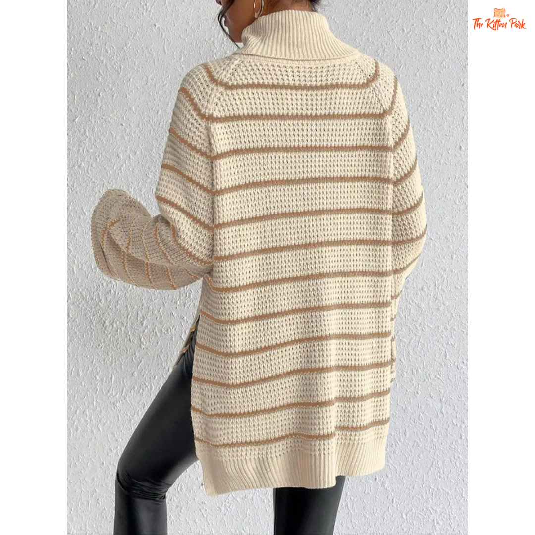 Striped Lapel Woolen Pullover – Casual Autumn Winter Top with striped acrylic fabric, extra-heavyweight knit, turn-down collar, and loose fit for autumn/winter style.