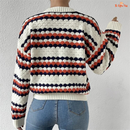 Striped O-Neck Sweater – Loose Knit Pullover for Women 2026 with geometric pattern, medium-weight polyester fabric, and regular fit for autumn/winter.