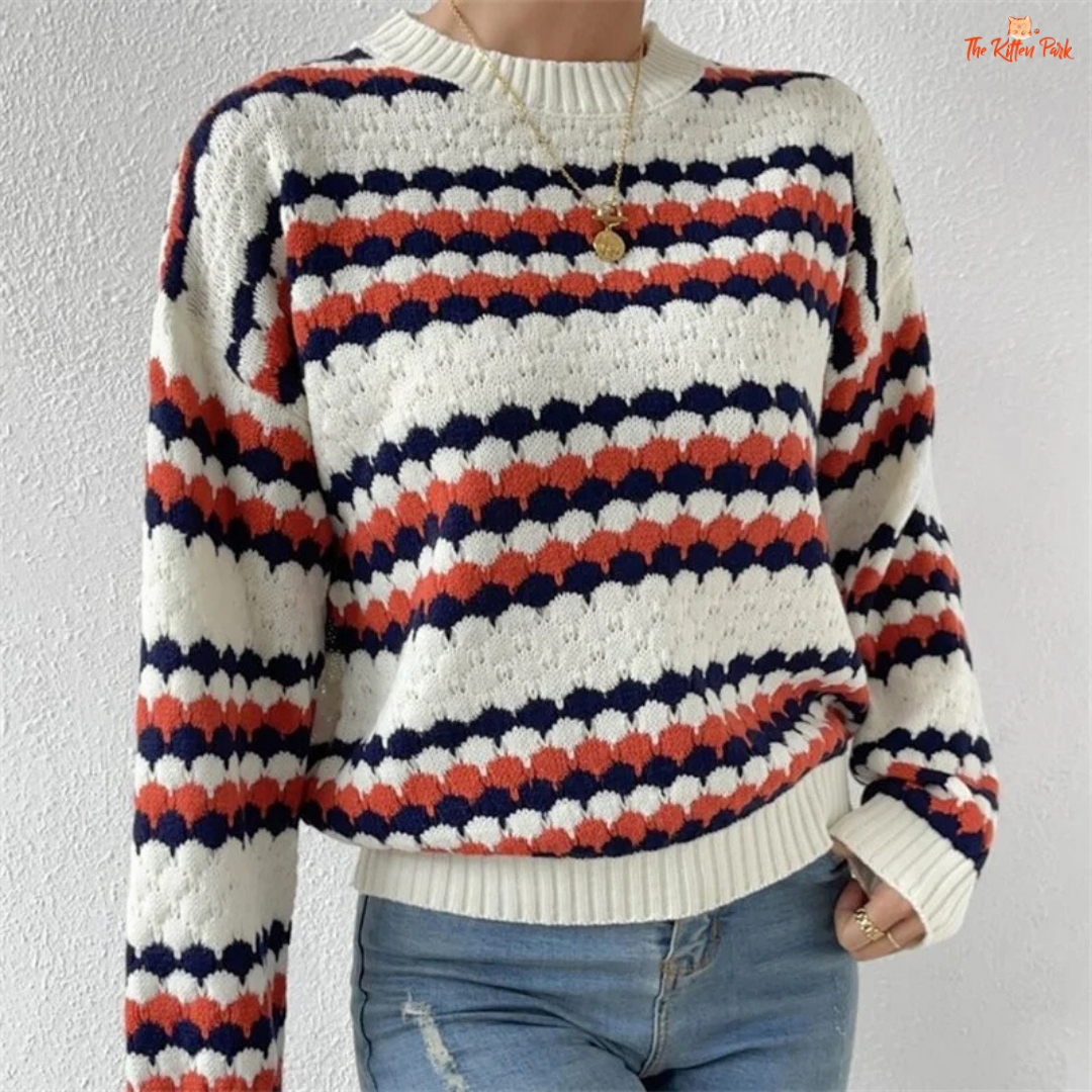 Striped O-Neck Sweater – Loose Knit Pullover for Women 2026 with geometric pattern, medium-weight polyester fabric, and regular fit for autumn/winter.