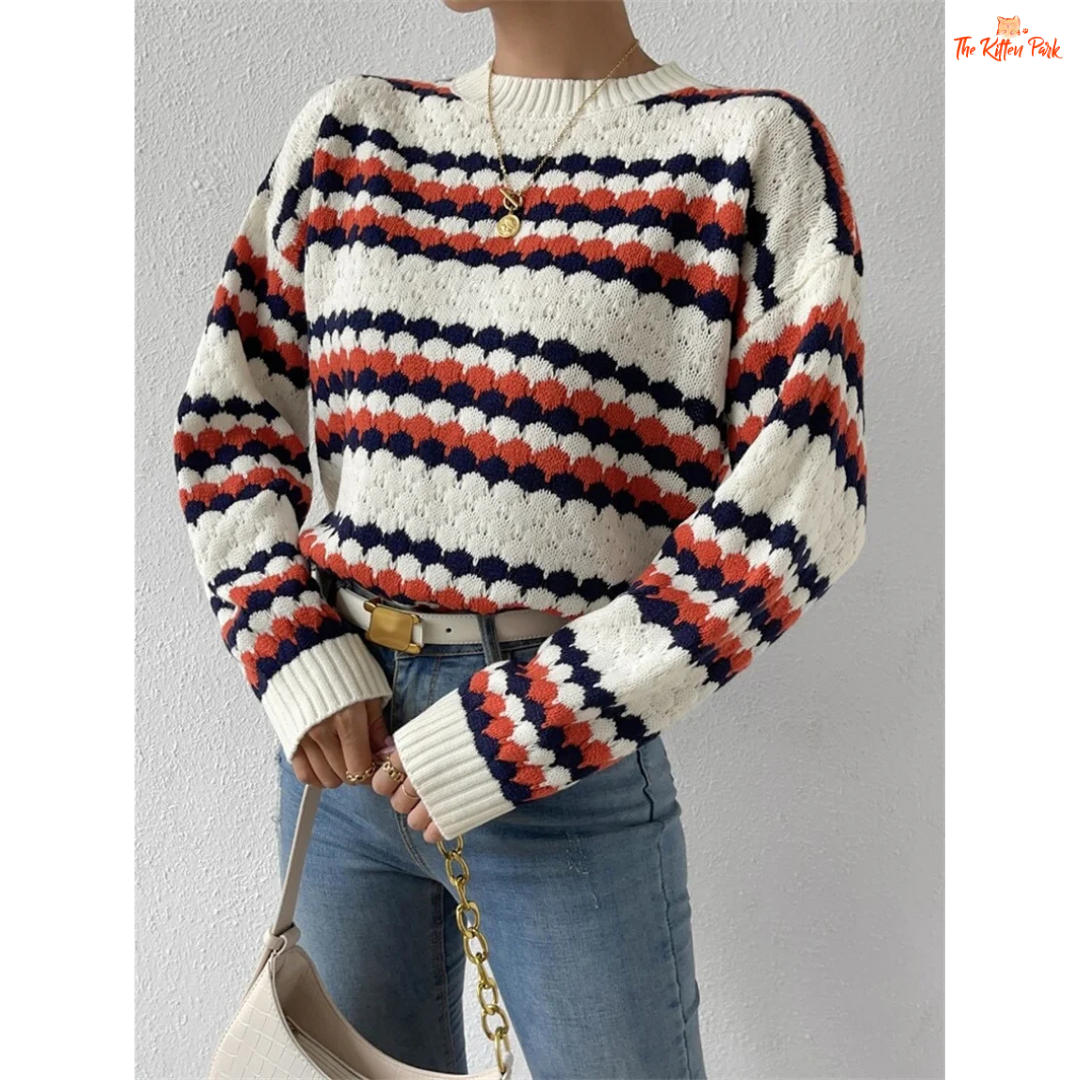 Striped O-Neck Sweater – Loose Knit Pullover for Women 2026 with geometric pattern, medium-weight polyester fabric, and regular fit for autumn/winter.