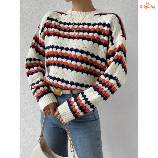 Striped O-Neck Sweater – Loose Knit Pullover for Women 2026 with geometric pattern, medium-weight polyester fabric, and regular fit for autumn/winter.