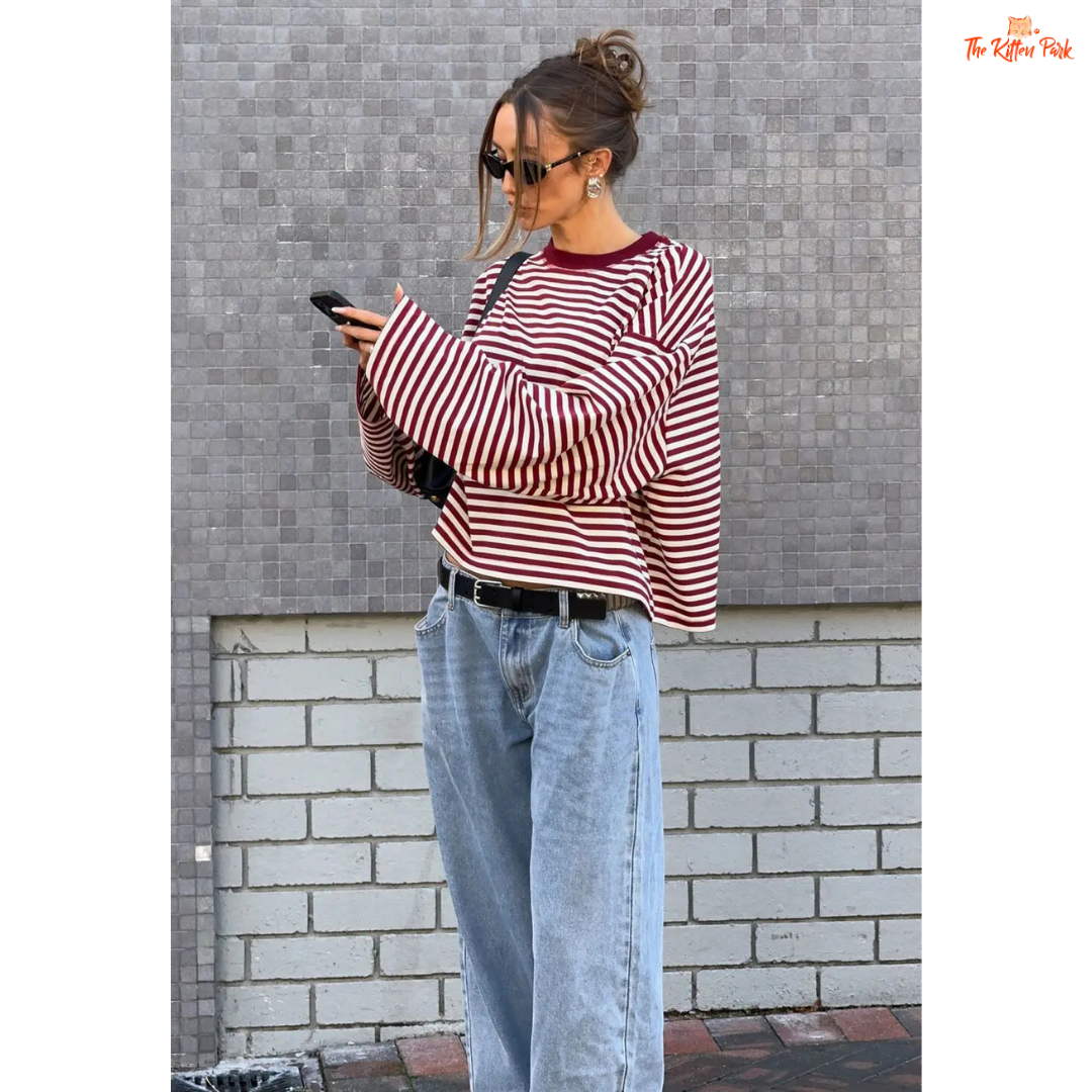 Striped Patchwork Casual T-Shirt – Long Sleeve, loose-fit blended fabric top with O-neck, striped pattern, patchwork decoration, and casual style.