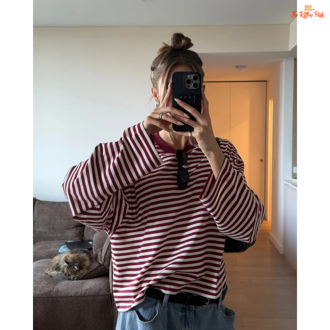 Striped Patchwork Casual T-Shirt – Long Sleeve, loose-fit blended fabric top with O-neck, striped pattern, patchwork decoration, and casual style.