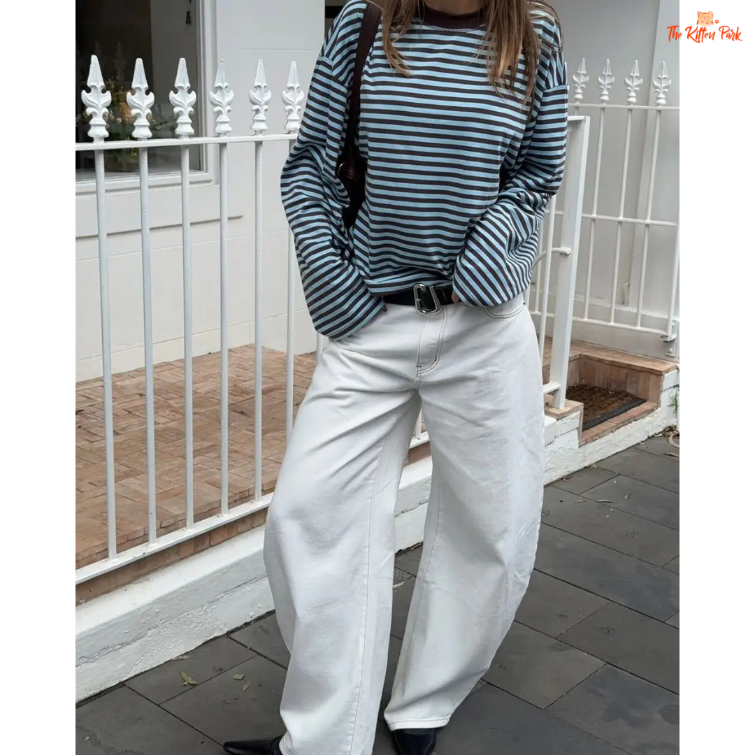 Striped Patchwork Casual T-Shirt – Long Sleeve, loose-fit blended fabric top with O-neck, striped pattern, patchwork decoration, and casual style.