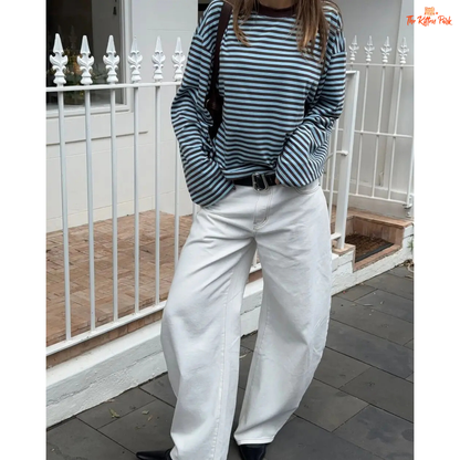 Striped Patchwork Casual T-Shirt – Long Sleeve, loose-fit blended fabric top with O-neck, striped pattern, patchwork decoration, and casual style.