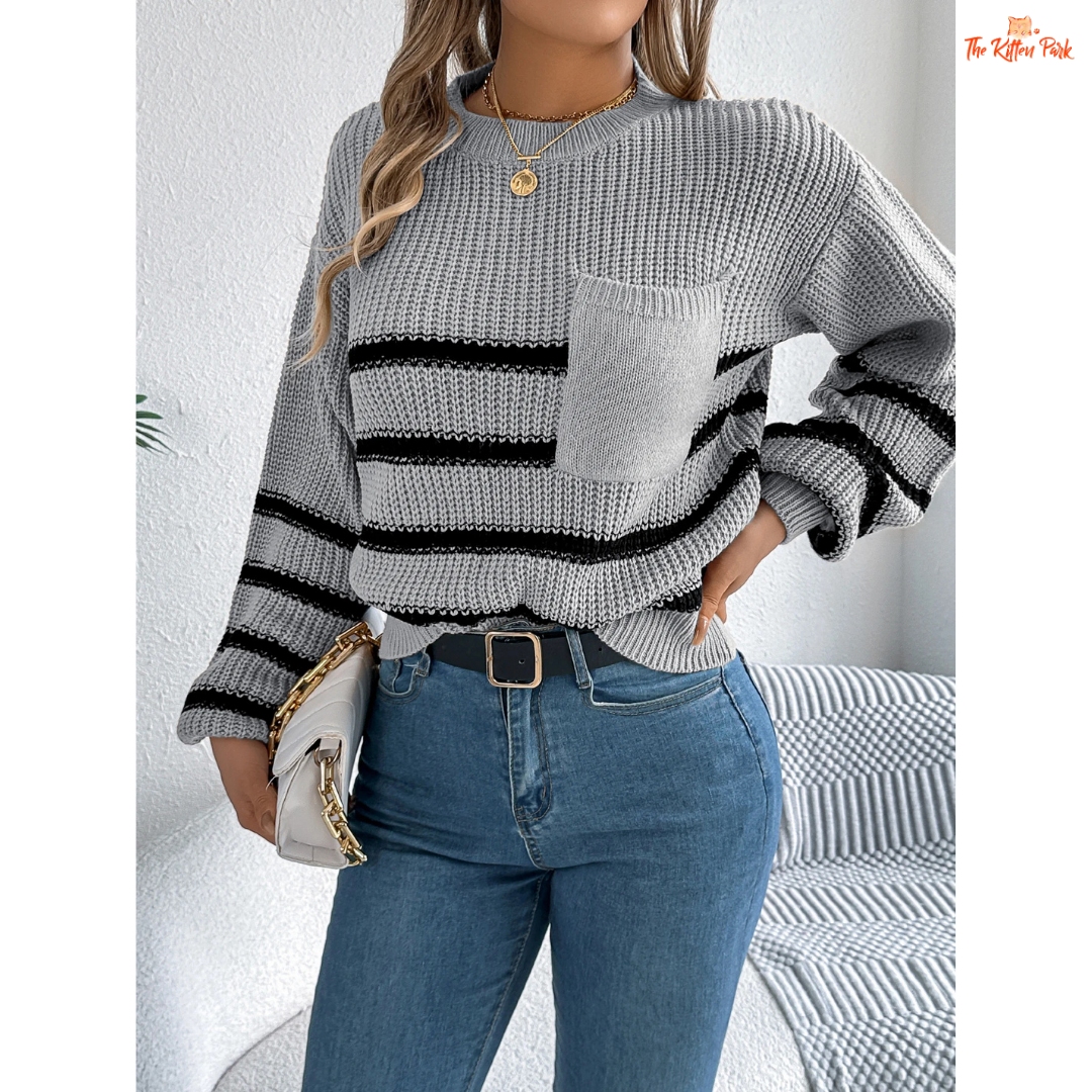 A women’s striped pocket knit sweater with O-neck and lantern sleeves, perfect for casual autumn and winter outfits.