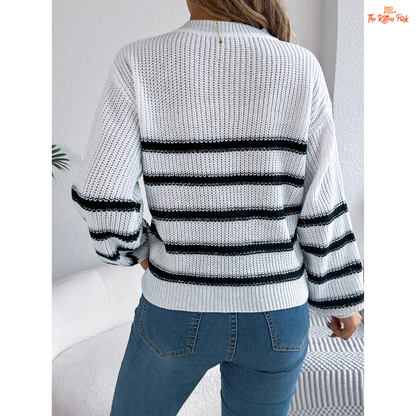 A women’s striped pocket knit sweater with O-neck and lantern sleeves, perfect for casual autumn and winter outfits.