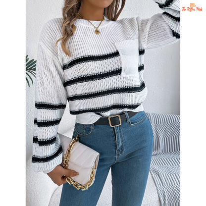 A women’s striped pocket knit sweater with O-neck and lantern sleeves, perfect for casual autumn and winter outfits.