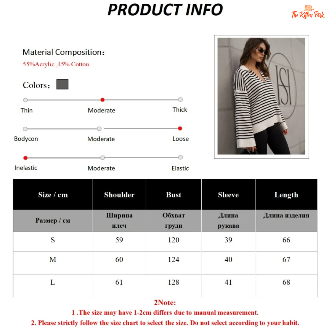 Women’s striped polo-collar knit sweater with V-neck, long sleeves, loose fit, and heavyweight fabric for autumn and winter wear.