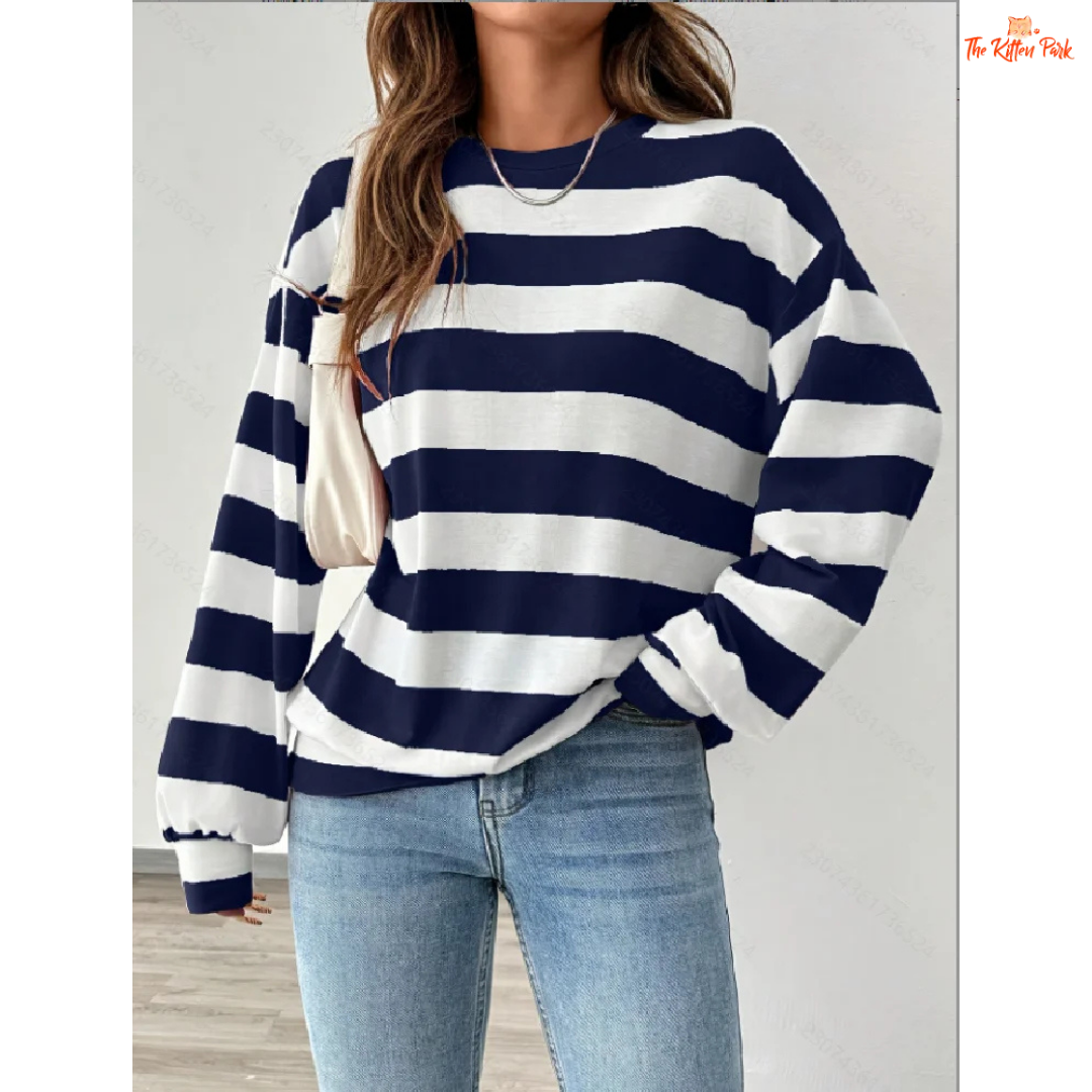 Striped Round Neck Long Sleeve T-Shirt for Women — polyester-spandex knit, regular fit, full sleeves, classic striped design ideal for autumn and winter.