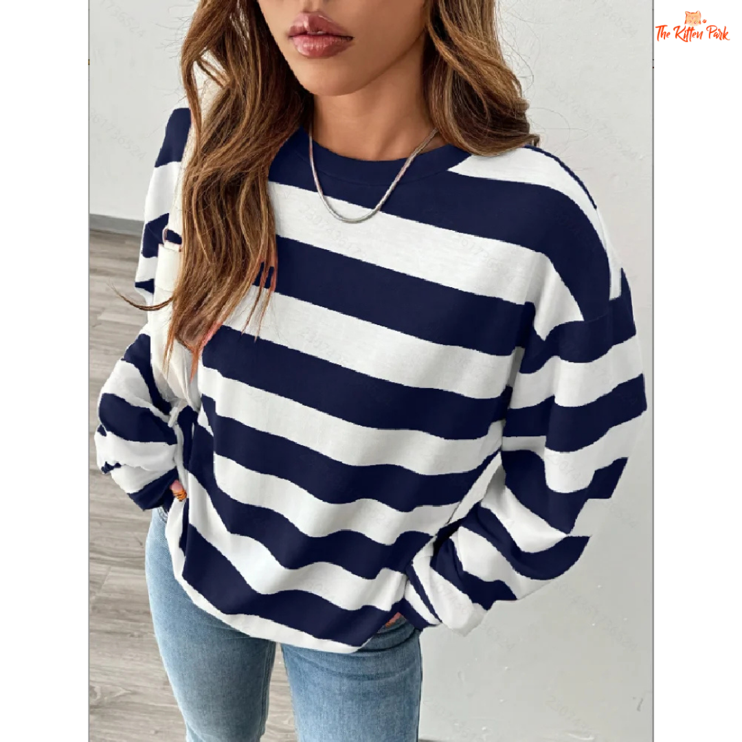 Striped Round Neck Long Sleeve T-Shirt for Women — polyester-spandex knit, regular fit, full sleeves, classic striped design ideal for autumn and winter.