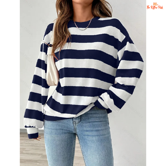 Striped Round Neck Long Sleeve T-Shirt for Women — polyester-spandex knit, regular fit, full sleeves, classic striped design ideal for autumn and winter.
