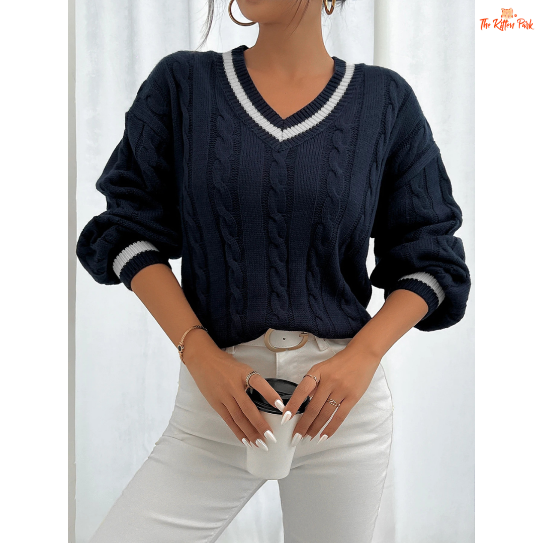 Striped Trim Twisted Flower Knit Shoulder Sweater Women with solid knit body, striped trims, V-neck, and casual full-length sleeves for autumn/winter wear.
