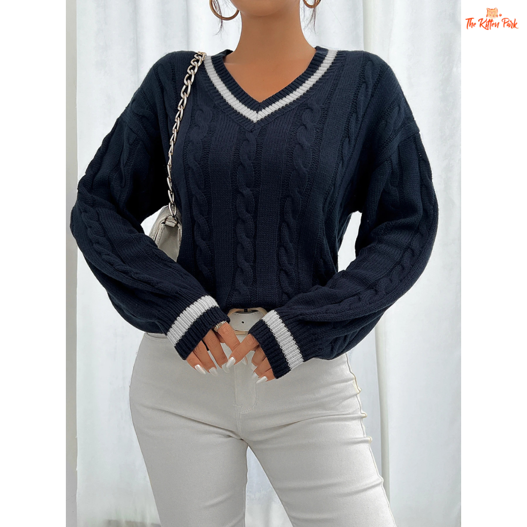Striped Trim Twisted Flower Knit Shoulder Sweater Women with solid knit body, striped trims, V-neck, and casual full-length sleeves for autumn/winter wear.