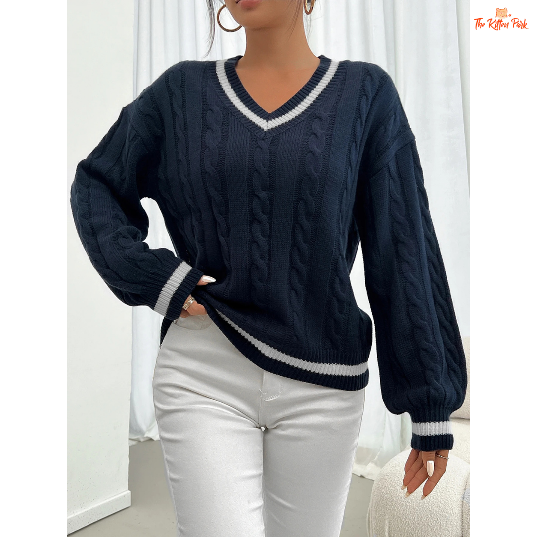 Striped Trim Twisted Flower Knit Shoulder Sweater Women with solid knit body, striped trims, V-neck, and casual full-length sleeves for autumn/winter wear.