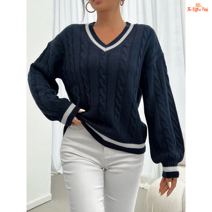 Striped Trim Twisted Flower Knit Shoulder Sweater Women with solid knit body, striped trims, V-neck, and casual full-length sleeves for autumn/winter wear.