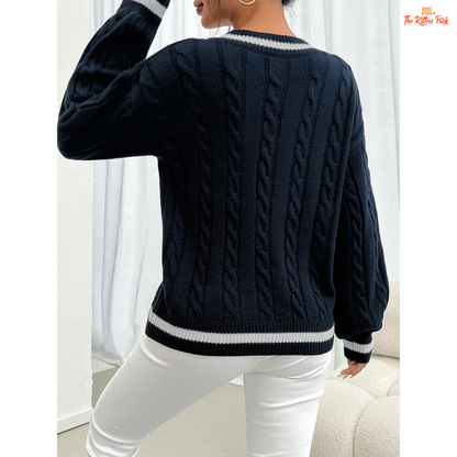 Striped Trim Twisted Flower Knit Shoulder Sweater Women with solid knit body, striped trims, V-neck, and casual full-length sleeves for autumn/winter wear.